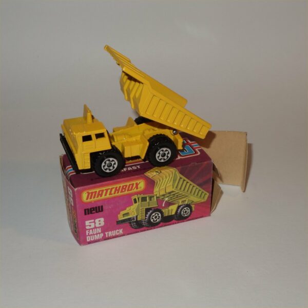 Matchbox Lesney 58f Faun Dump Truck Yellow Superfast 1976 Mint in Original Box