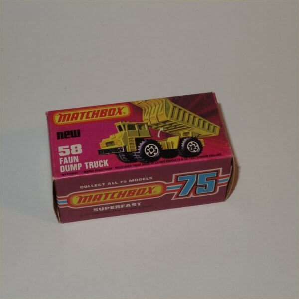 Matchbox Lesney 58f Faun Dump Truck Yellow Superfast 1976 Mint in Original Box