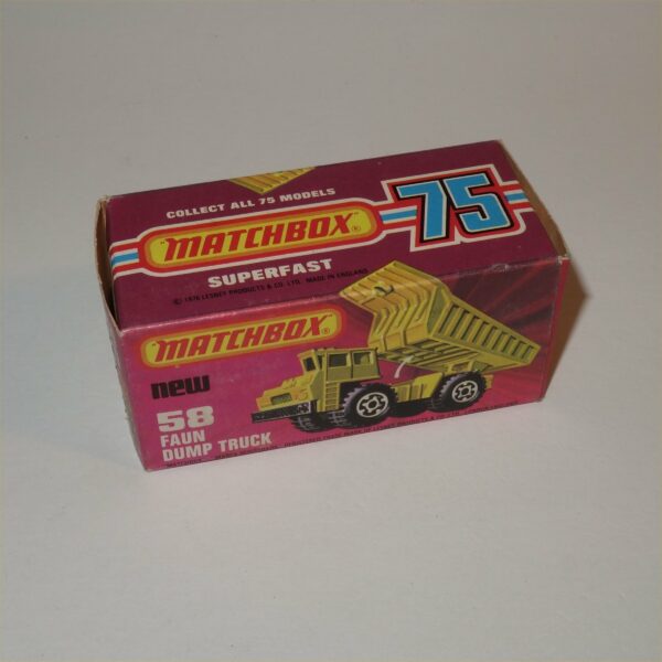 Matchbox Lesney 58f Faun Dump Truck Yellow Superfast 1976 Mint in Original Box